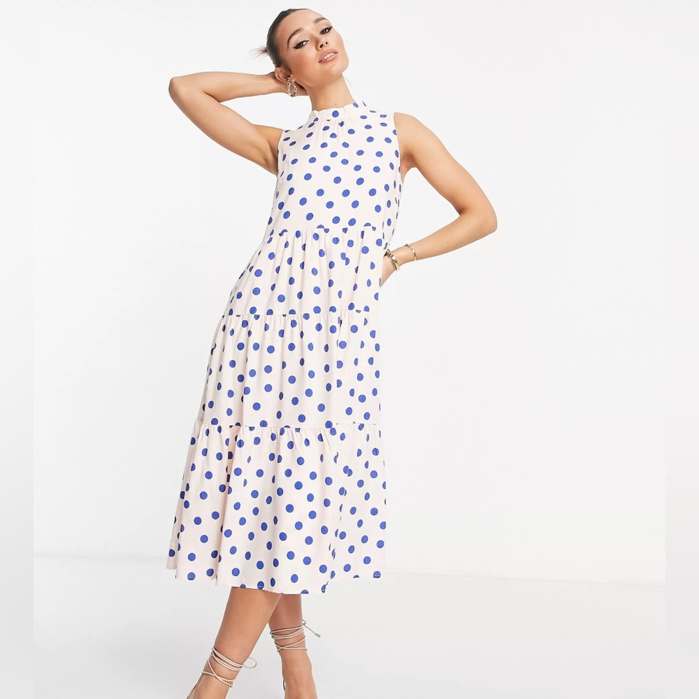 Y.A.S high neck tiered midi dress in pink & blue dot